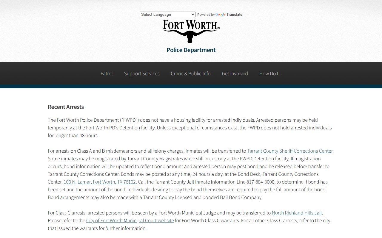 Fort Worth Inmate Population - FWPD Recent Arrests Page