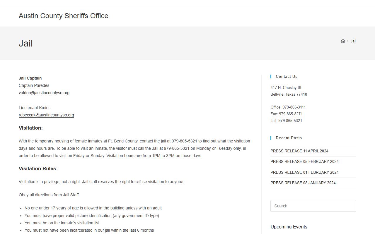 Austin County Inmate Population - Jail Page