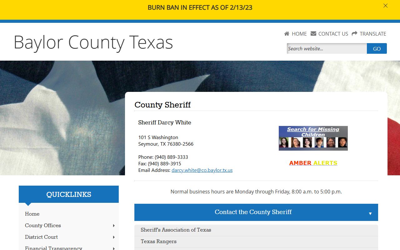 Baylor County Inmate Population - Sheriff's Office Website