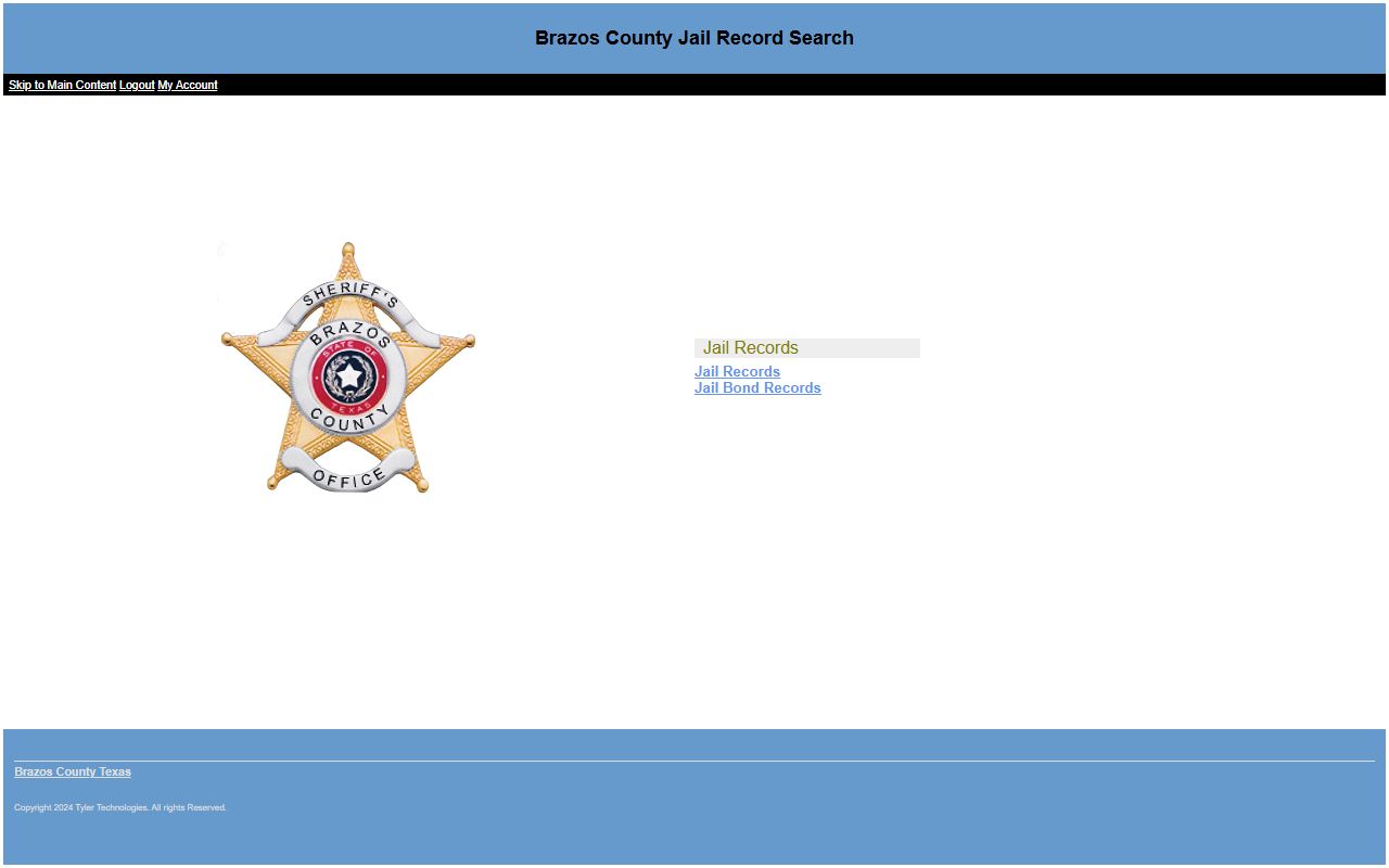 Brazos County jail search portal showing inmate population search interface