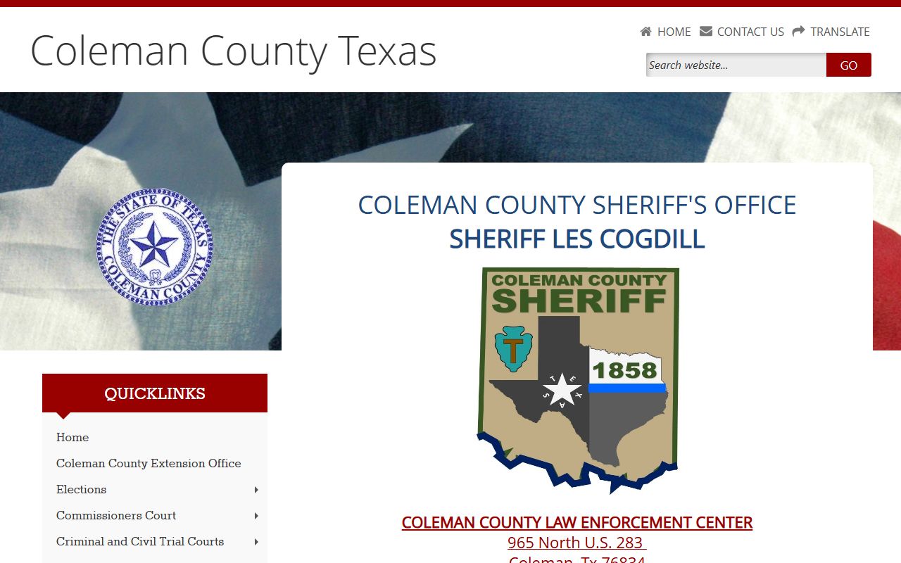 Coleman County Sheriff Office page for inmate population information