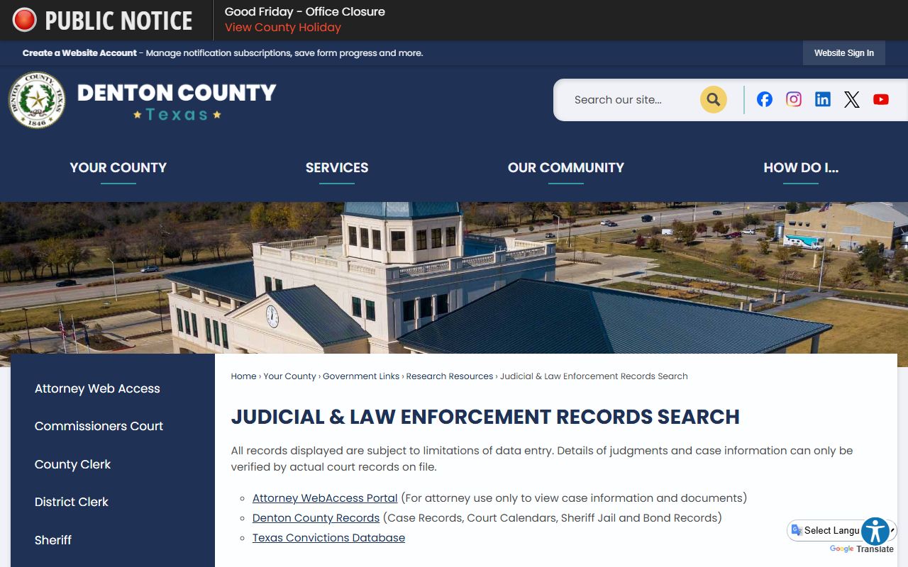 Denton County judicial law enforcement records search for inmate population