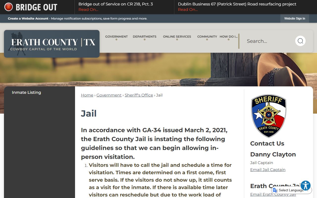 Erath County Inmate Population - County Jail Page