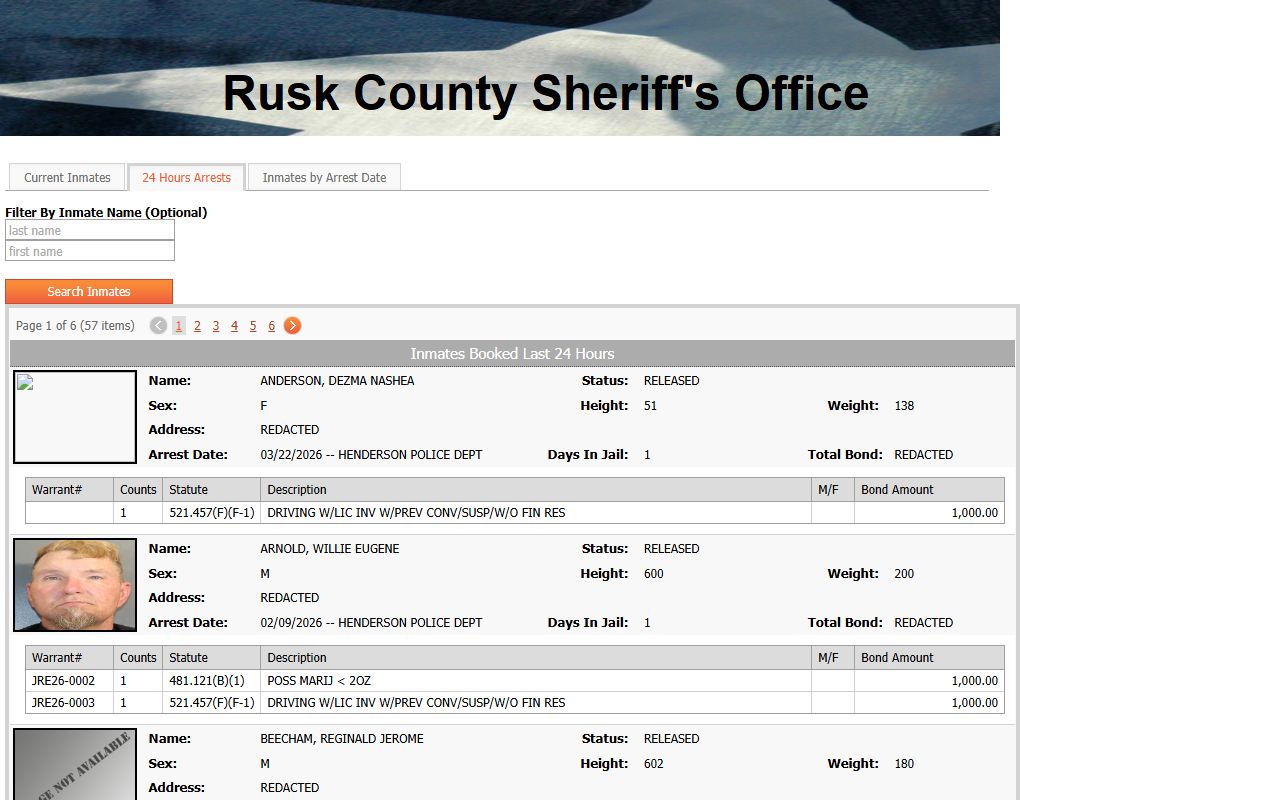 Rusk County Inmate Population - 24-Hour Online Roster